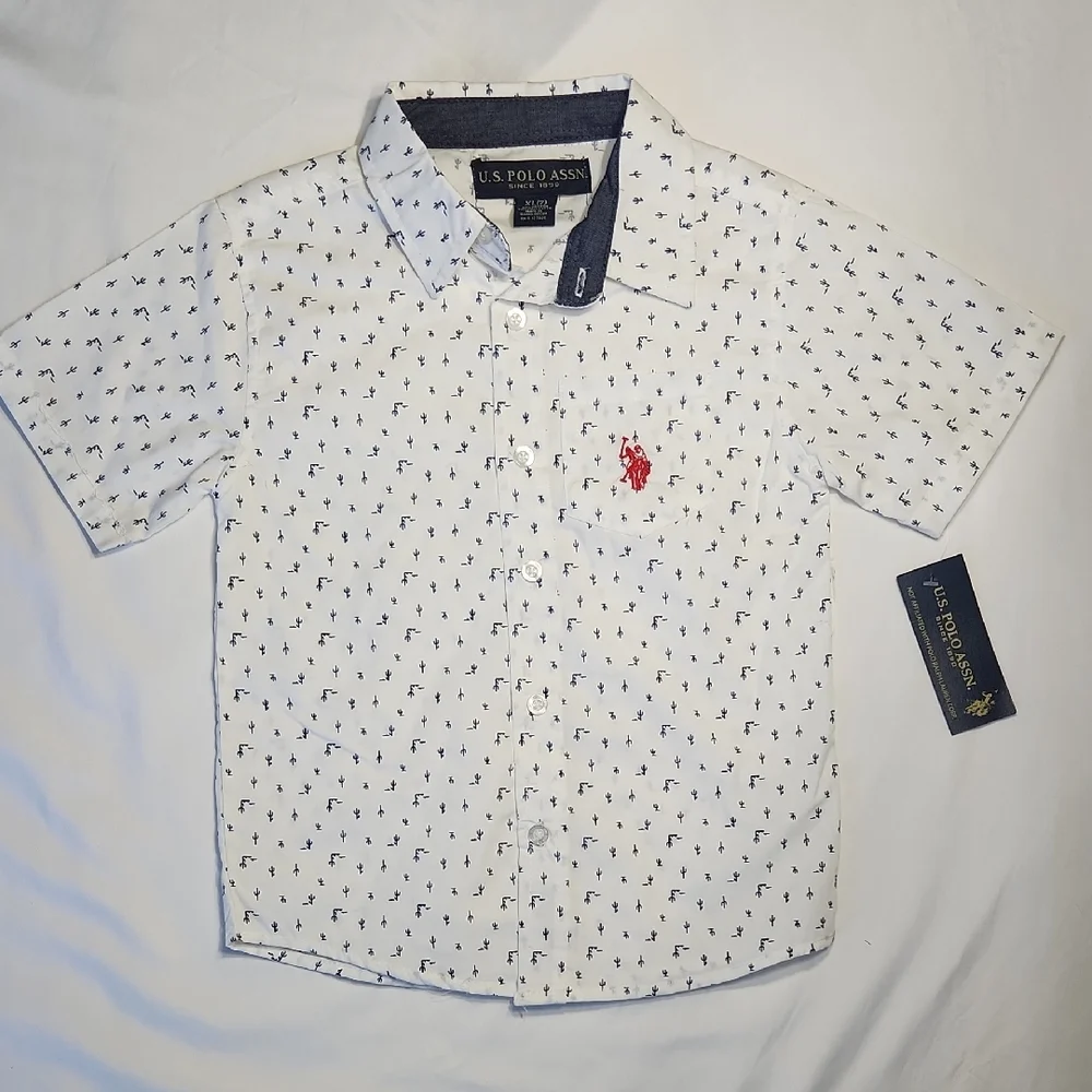 U.S. Polo Assn Boys Button Down Shirt XL (7) White Cactus Print Short Sleeve